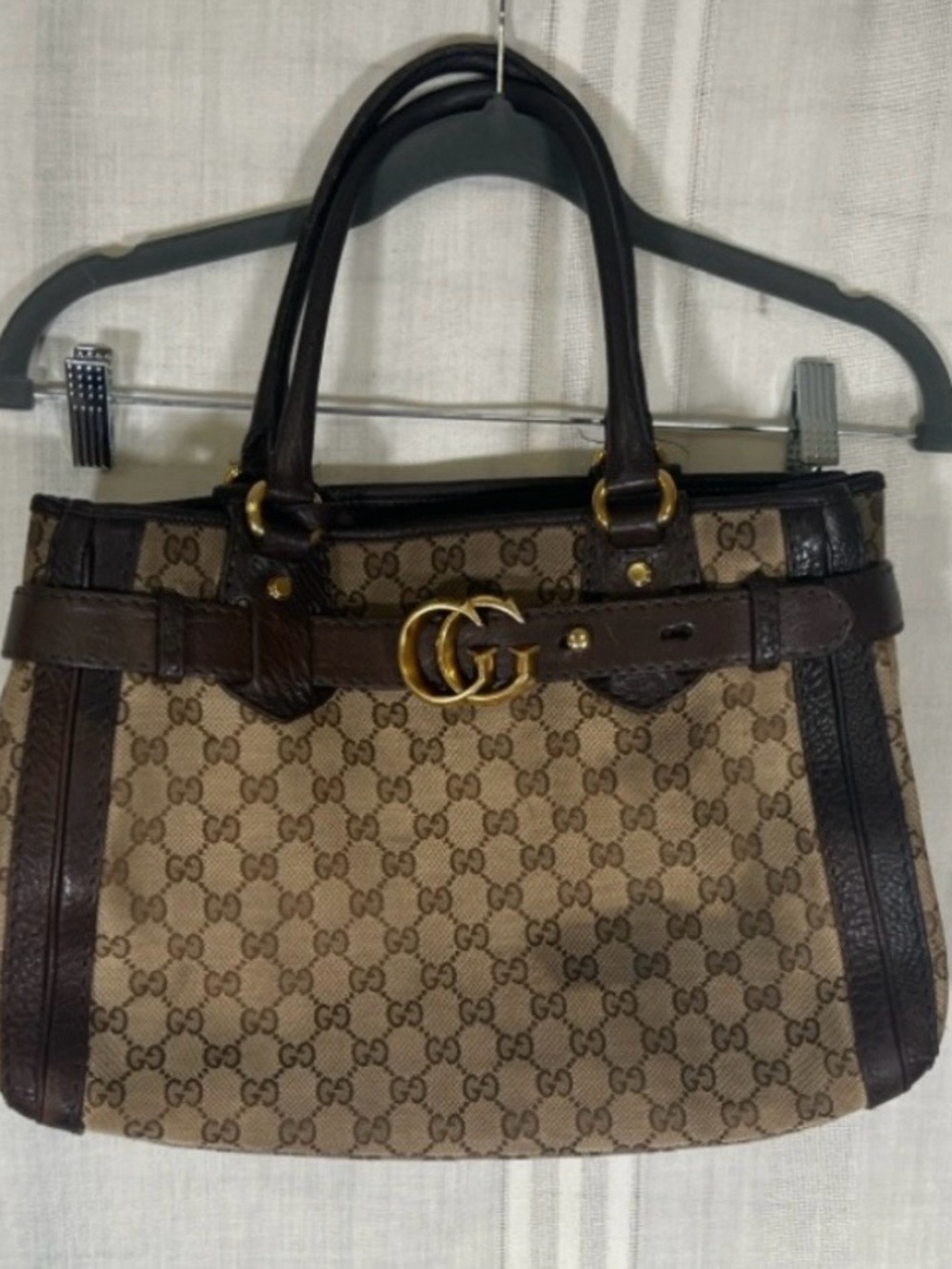 Authentic Gucci GG Canvas Abbey Tote Bag Brown Leather Double G Shoulder Bag